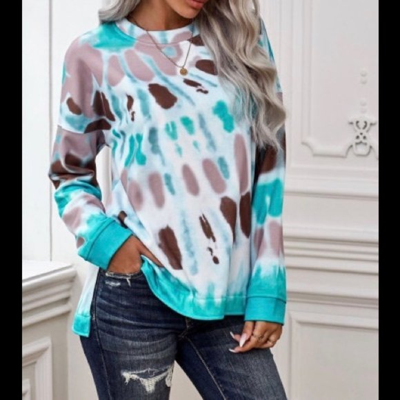 Modern Style Me Tops - Tie Dye Sweatshirt crew neck teal brown top
